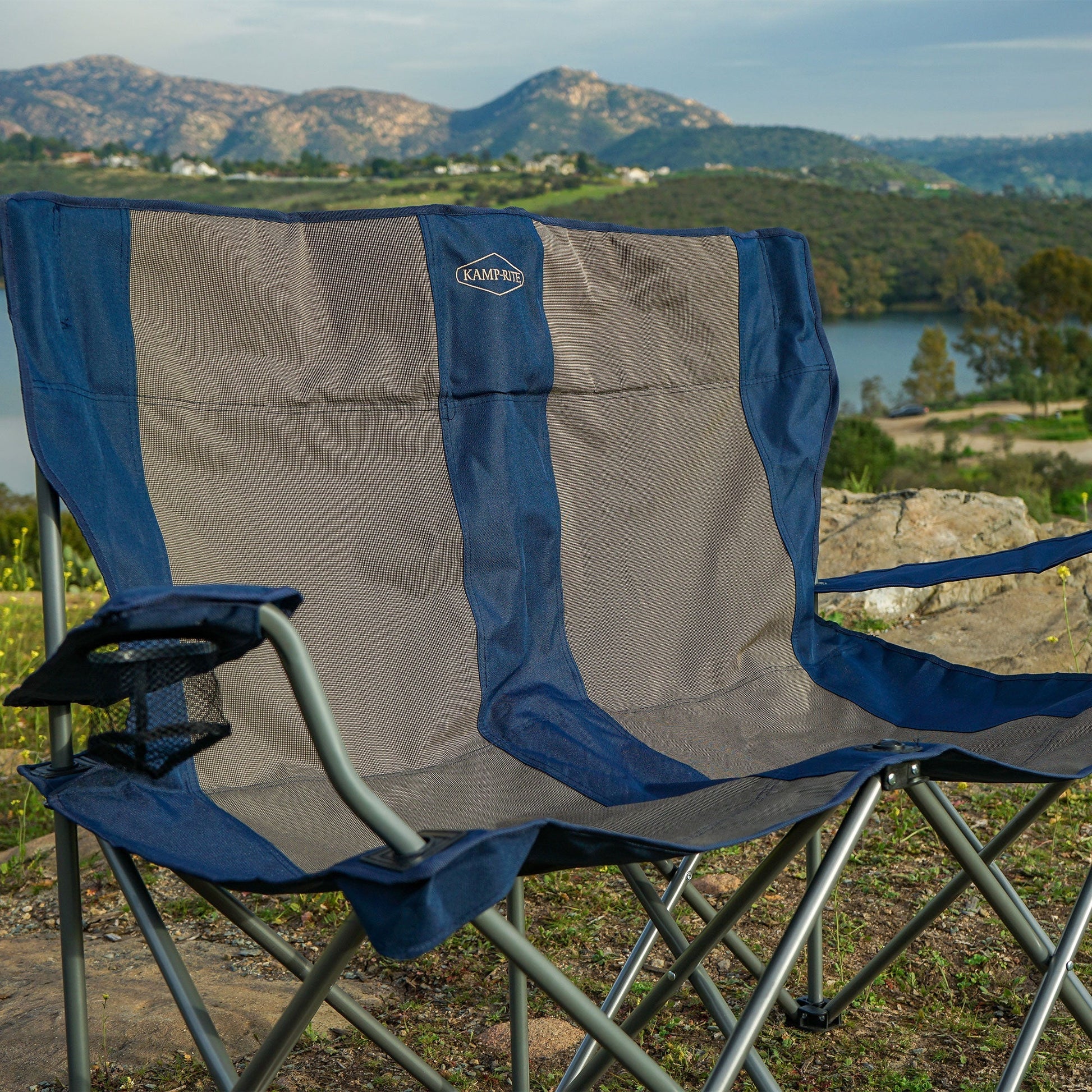 Kamp - Rite Portable Folding Outdoor Double Camping Lawn Beach Chair, Navy/Tan - Angler's Pro Tackle & Outdoors