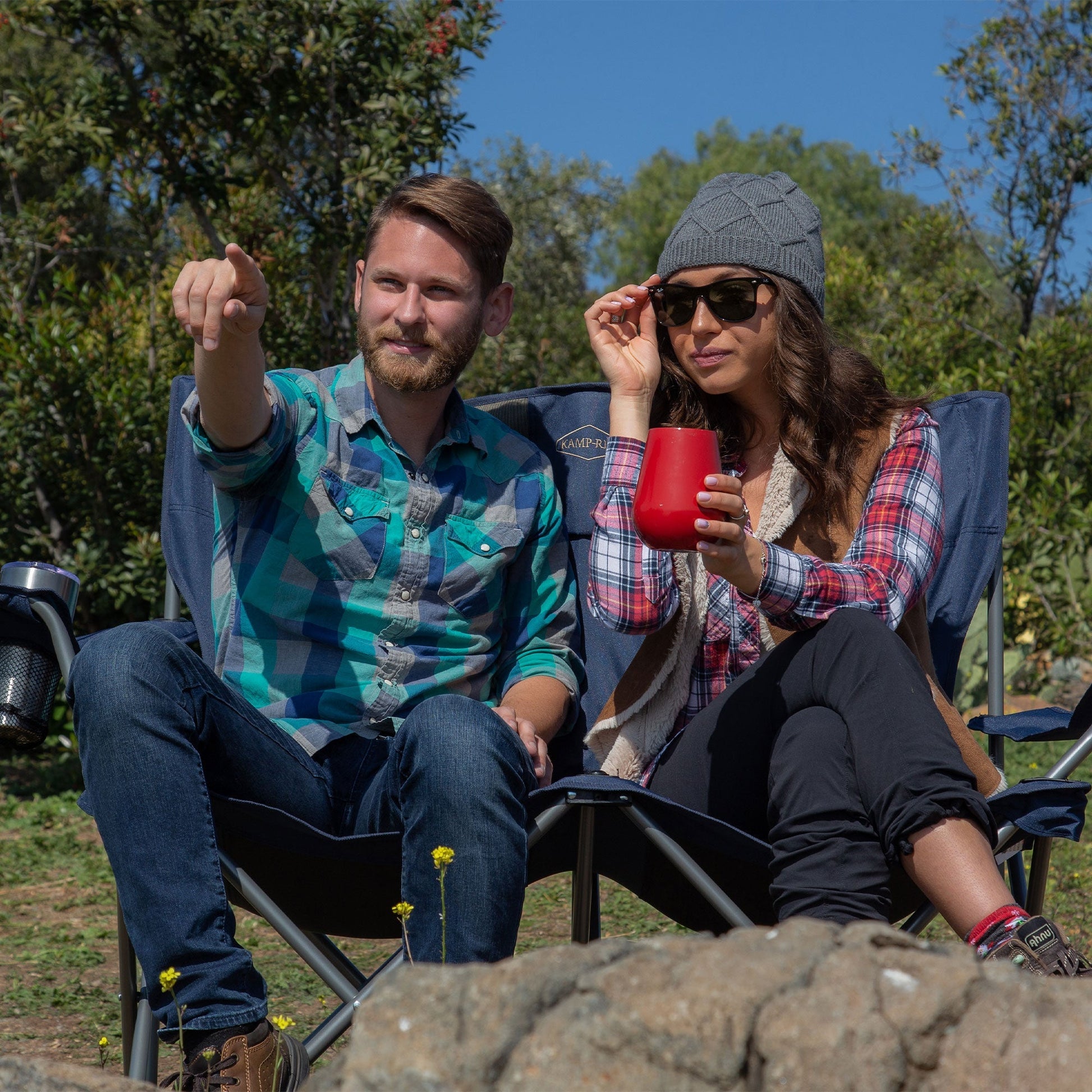 Kamp - Rite Portable Folding Outdoor Double Camping Lawn Beach Chair, Navy/Tan - Angler's Pro Tackle & Outdoors