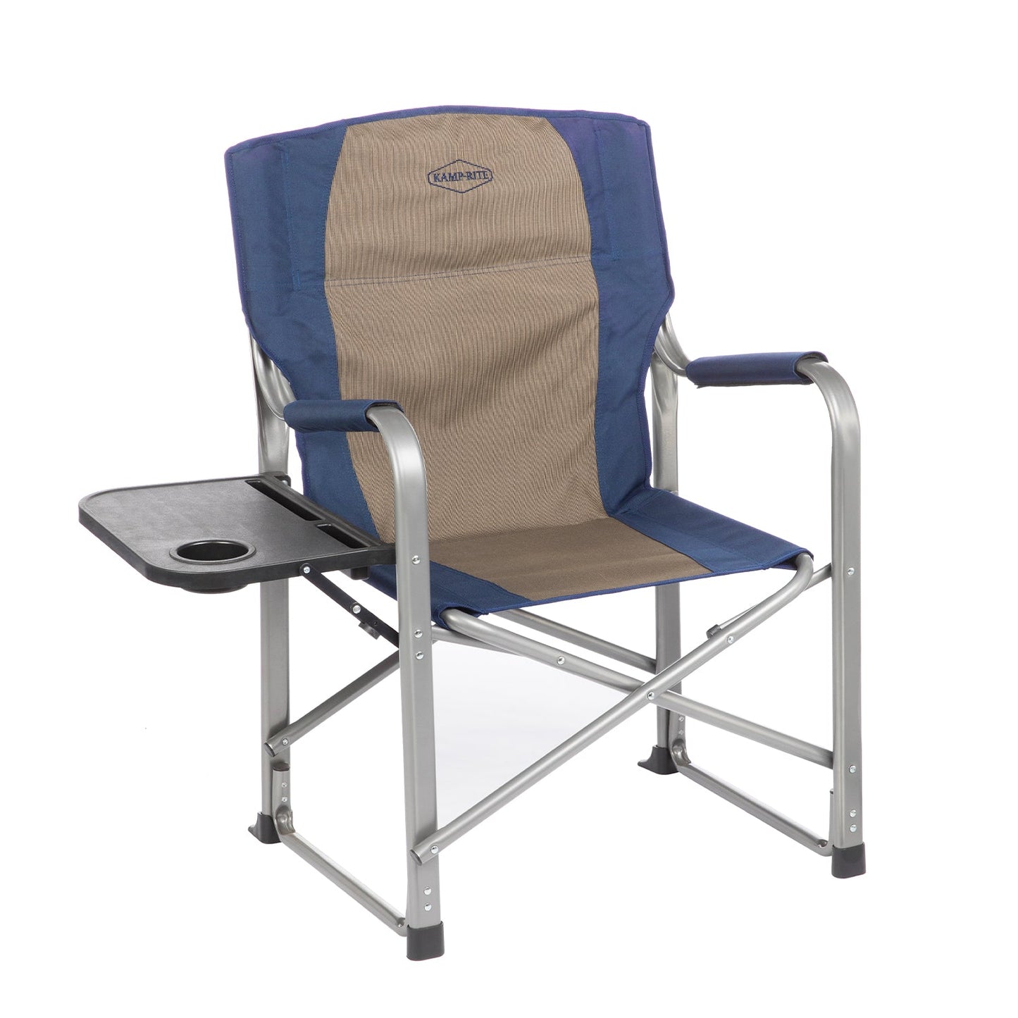 Kamp-Rite Portable Director's Camping Beach Chair w/Table & Cup Holder, Navy/Tan