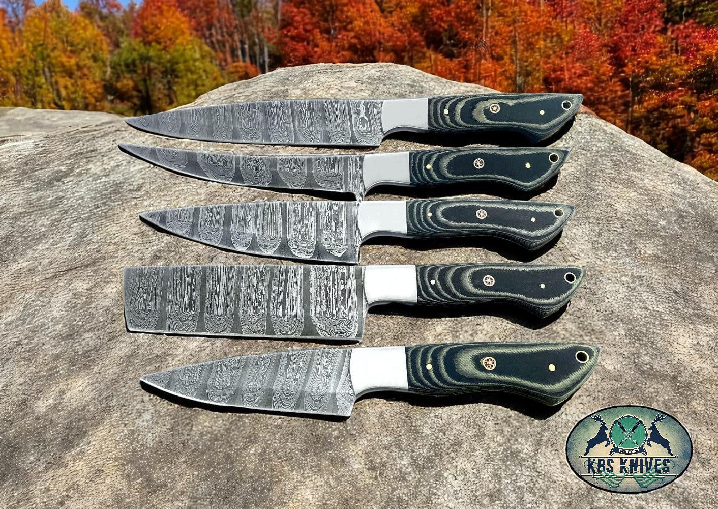 KBS Knives 5 Pcs Custom Handmade Damascus Steel Knife Set with G10 Handles and Steel Bolsters