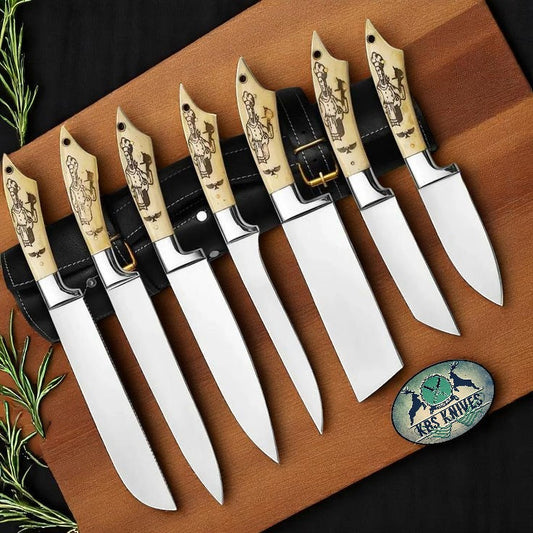 KBS Knives Legacy Bone Series – 7-Piece Stainless Knife Set with Engraved Bone Handles & Steel Bolsters