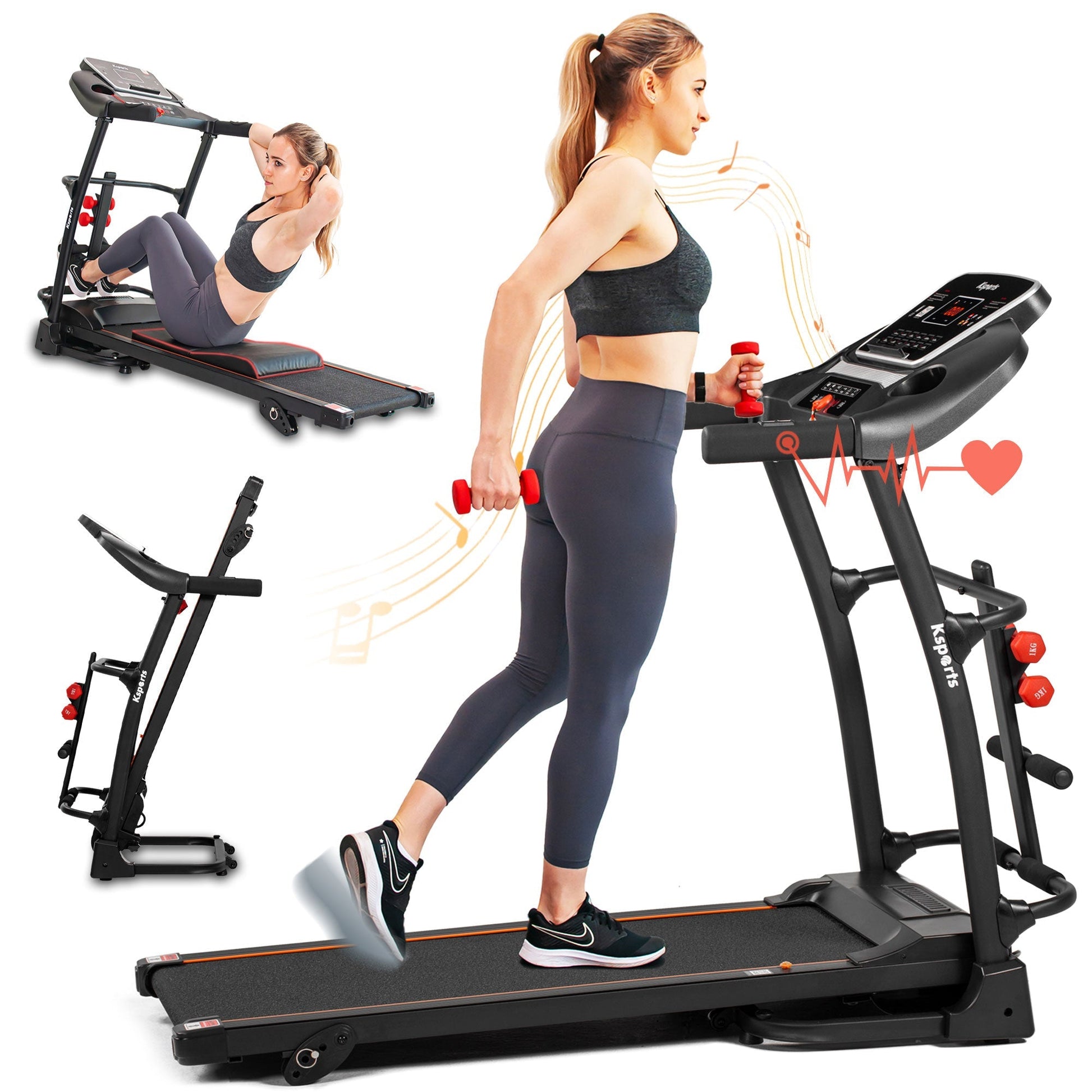 Ksports 16 Inch Wide Foldable Home Treadmill w/ Bluetooth & Fitness Tracking App - Angler's Pro Tackle & Outdoors