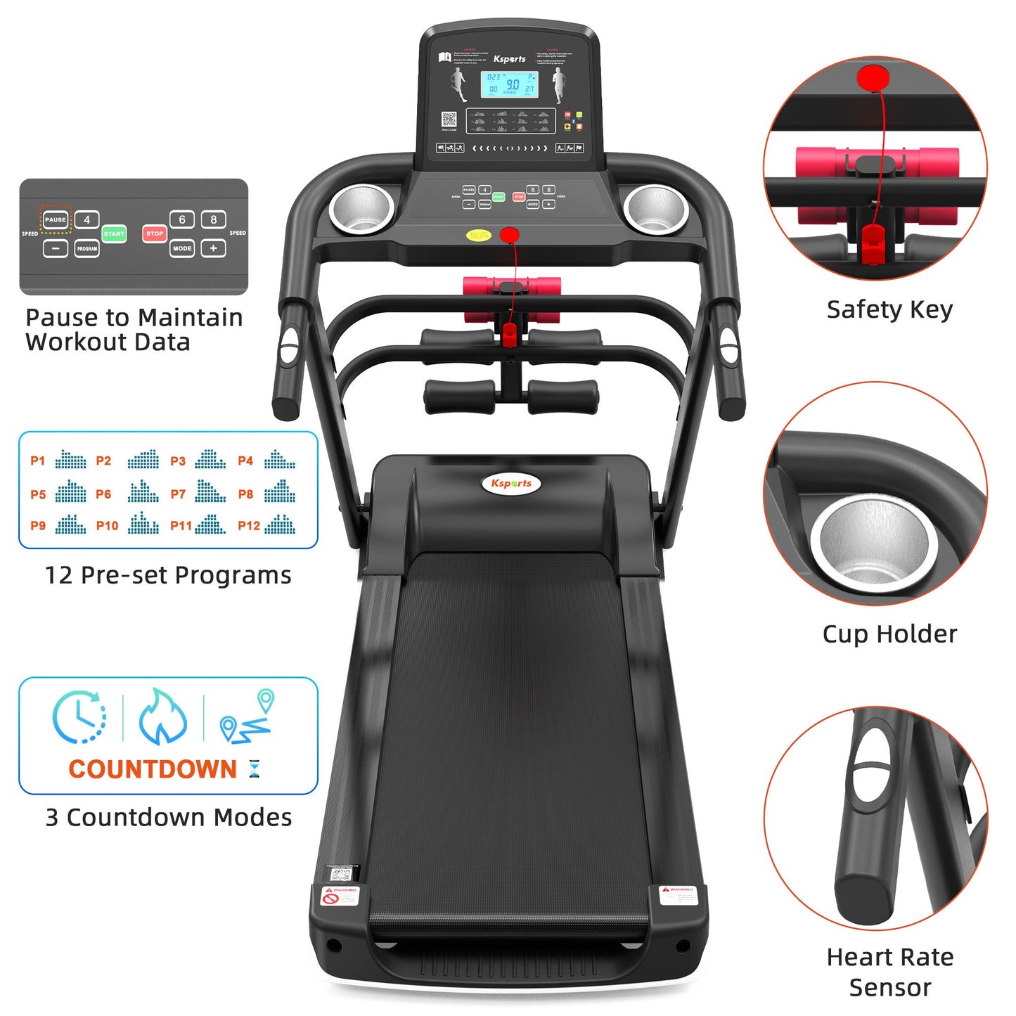 Ksports 16 Inch Wide Foldable Home Treadmill w/ Bluetooth & Fitness Tracking App - Angler's Pro Tackle & Outdoors