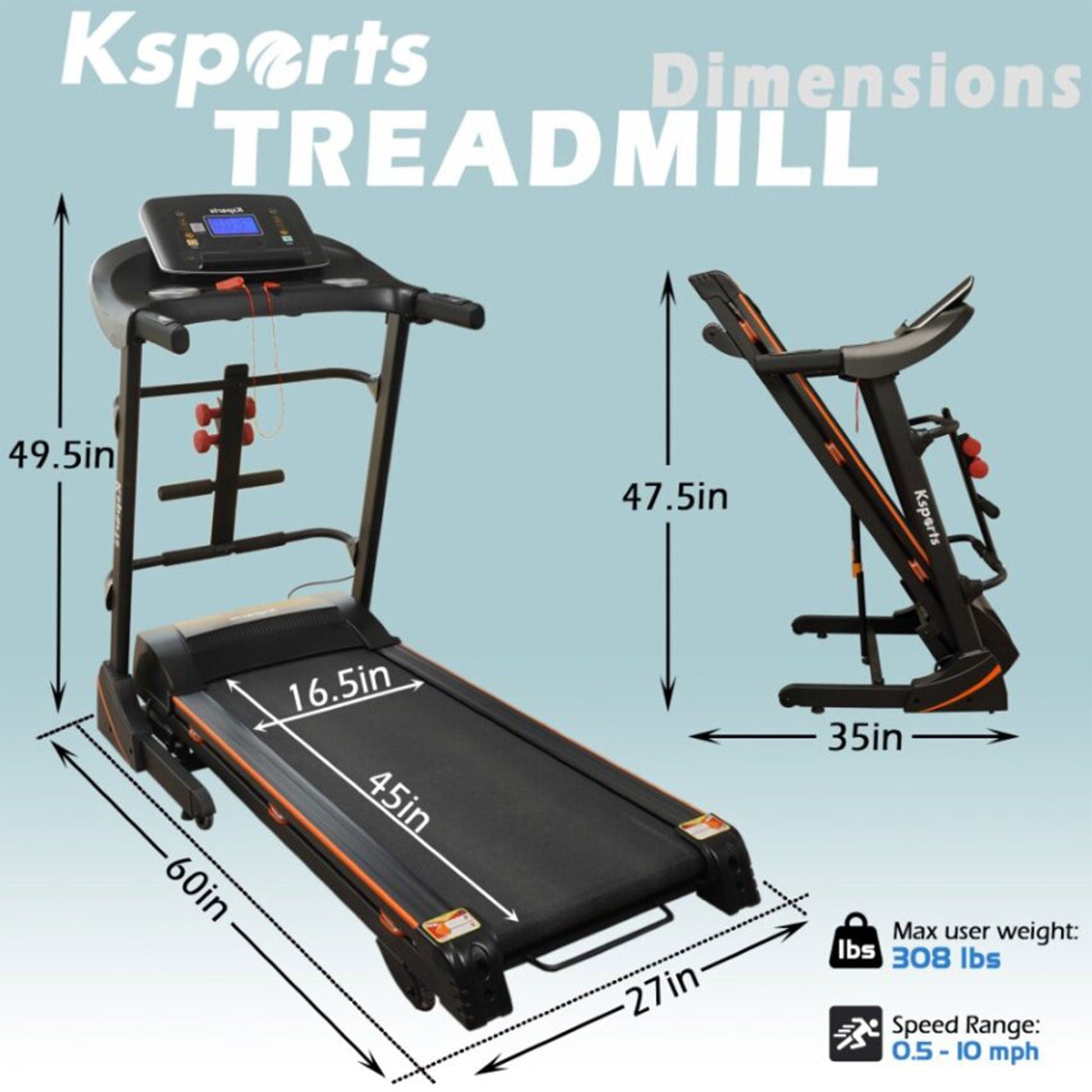 Ksports 16.5 In Wide Foldable Home Treadmill w/ Bluetooth & Fitness Tracking App - Angler's Pro Tackle & Outdoors