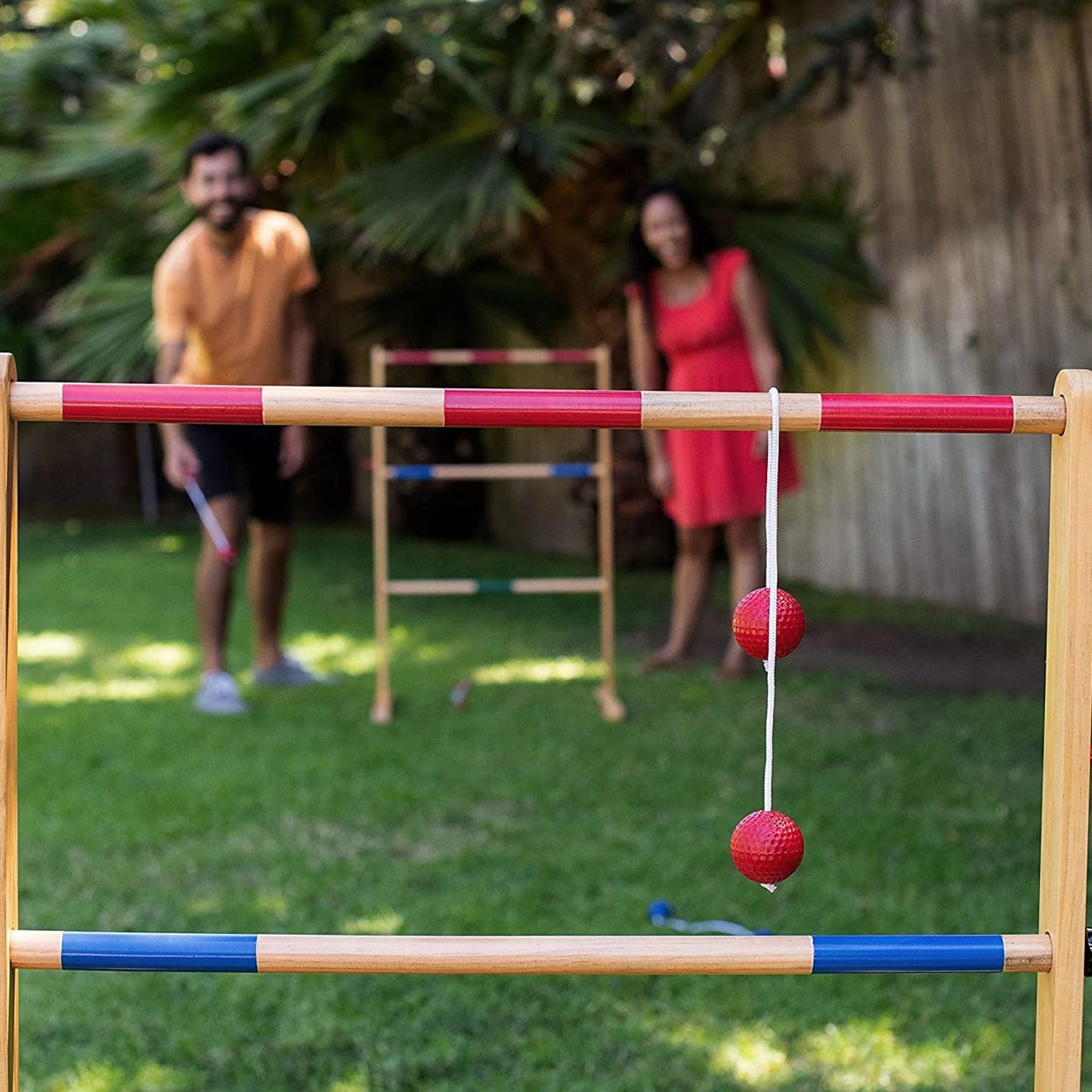 Yard Games Backyard Outdoor Wooden Double Ladder Toss Game Set w/ Case, Red/Blue