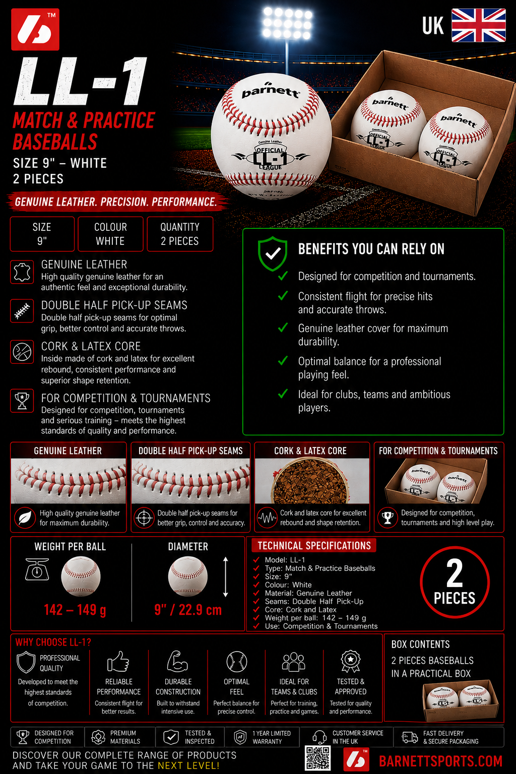Barnett LL-1 Match and practice baseballs, Size 9", White, 2 pieces