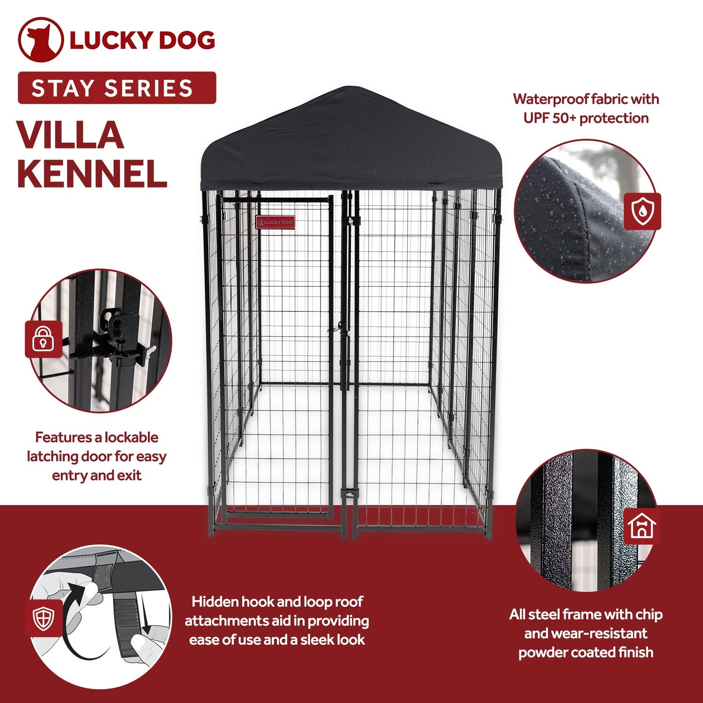 Lucky Dog STAY Series 4 x 8 x 6 Foot Roofed Steel Frame Villa Dog Kennel, Grey - Angler's Pro Tackle & Outdoors