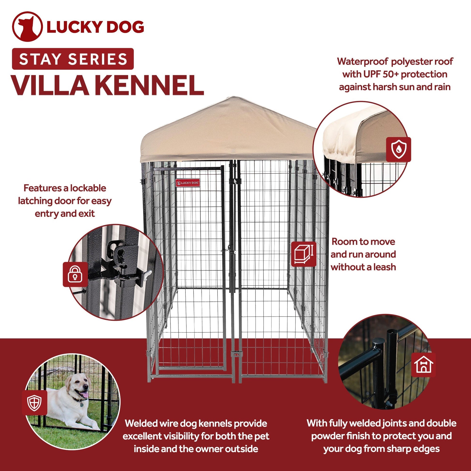 Lucky Dog STAY Series 4 x 8 x 6 Foot Roofed Steel Frame Villa Dog Kennel, Khaki - Angler's Pro Tackle & Outdoors