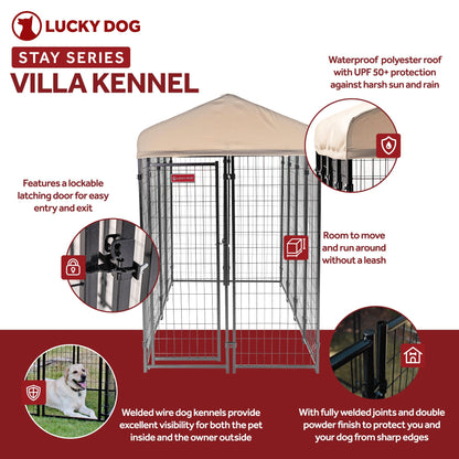 Lucky Dog STAY Series 4 x 8 x 6 Foot Roofed Steel Frame Villa Dog Kennel, Khaki - Angler's Pro Tackle & Outdoors