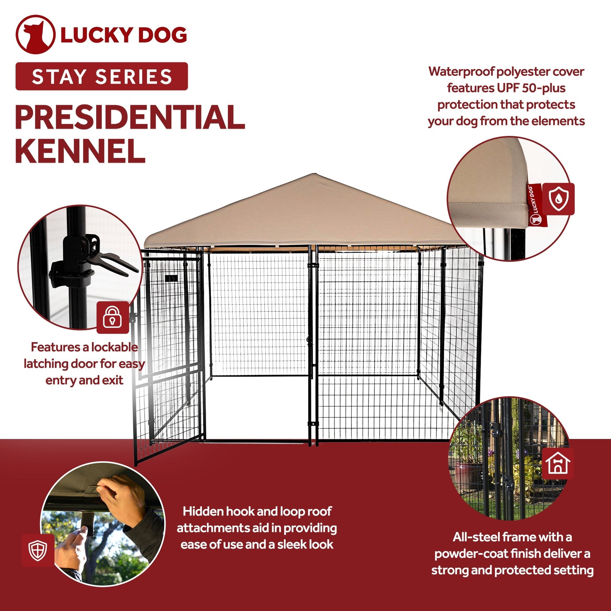 Lucky Dog STAY Series Presidential 10 x 10 x 6 Ft Steel Frame Dog Kennel, Khaki - Angler's Pro Tackle & Outdoors