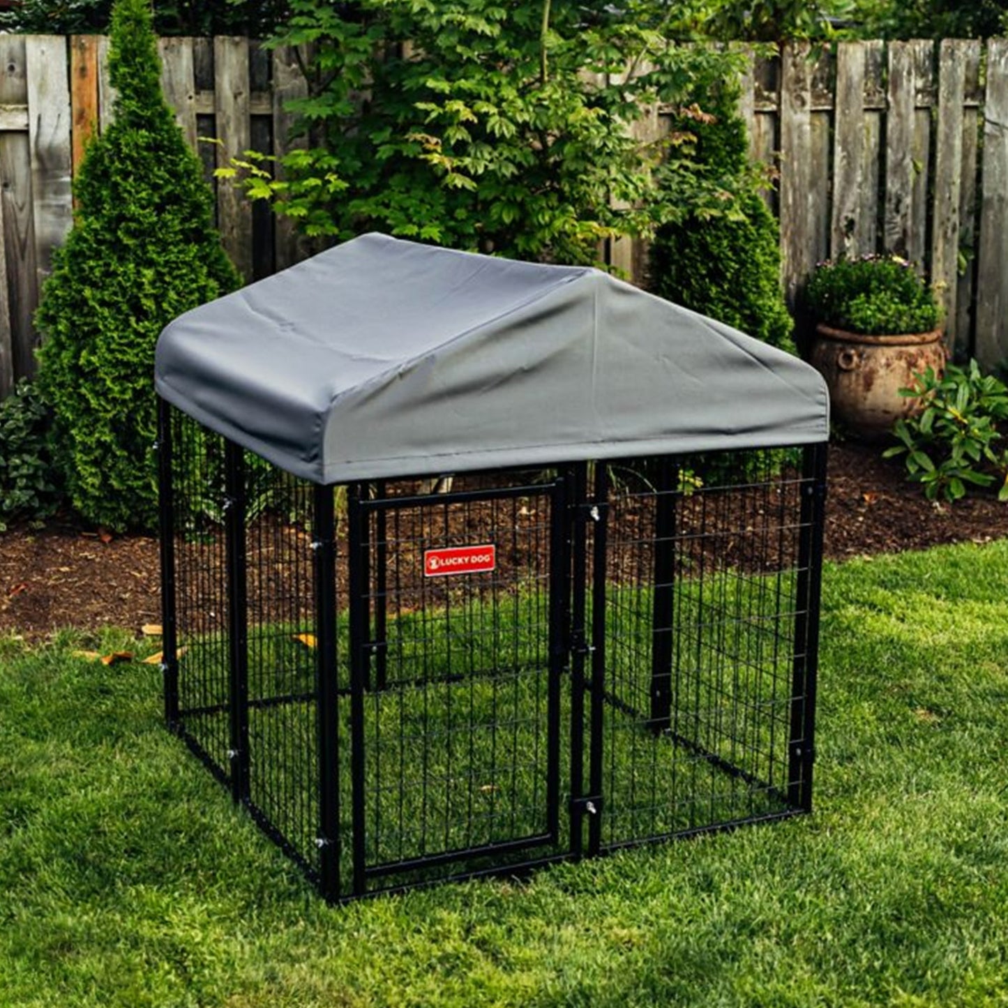 Lucky Dog STAY Series Studio Jr. 4 x 4 x 4.3 Foot Roofed Steel Dog Kennel, Grey - Angler's Pro Tackle & Outdoors