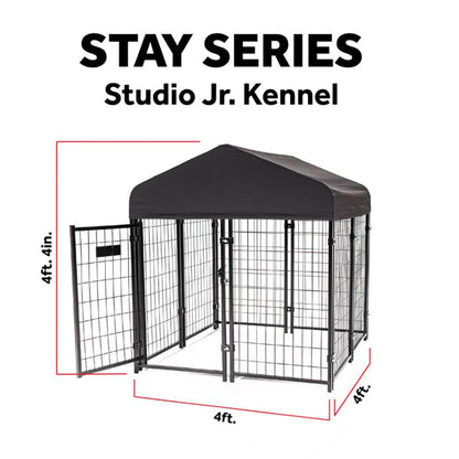 Lucky Dog STAY Series Studio Jr. 4 x 4 x 4.3 Foot Roofed Steel Dog Kennel, Grey - Angler's Pro Tackle & Outdoors