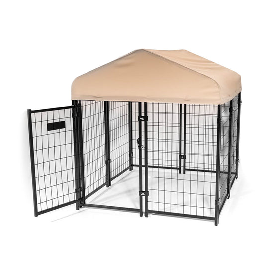 Lucky Dog STAY Series Studio Jr. 4x4x4.3 Ft Roofed Steel Frame Dog Kennel, Khaki - Angler's Pro Tackle & Outdoors