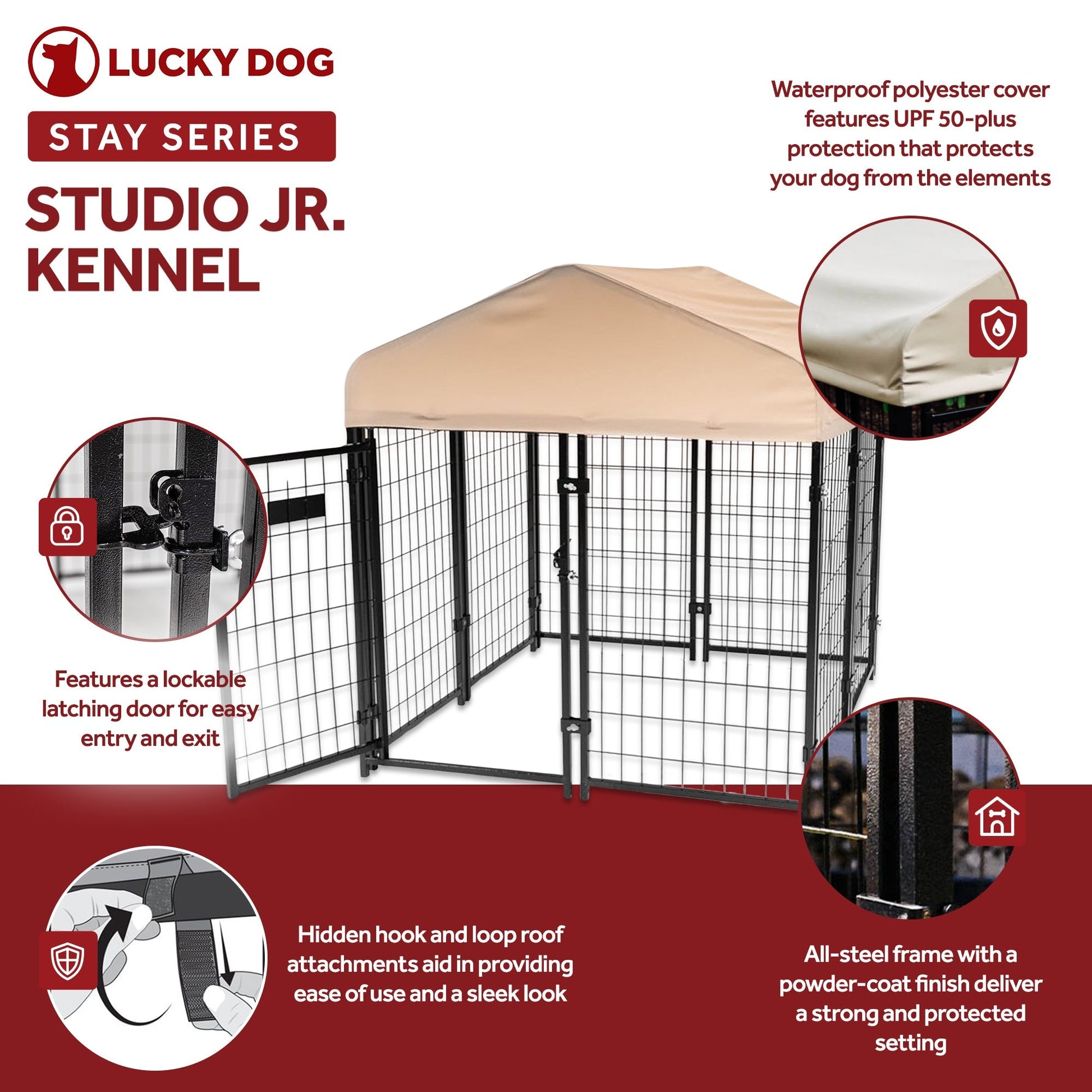 Lucky Dog STAY Series Studio Jr. 4x4x4.3 Ft Roofed Steel Frame Dog Kennel, Khaki - Angler's Pro Tackle & Outdoors