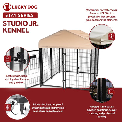 Lucky Dog STAY Series Studio Jr. 4x4x4.3 Ft Roofed Steel Frame Dog Kennel, Khaki - Angler's Pro Tackle & Outdoors