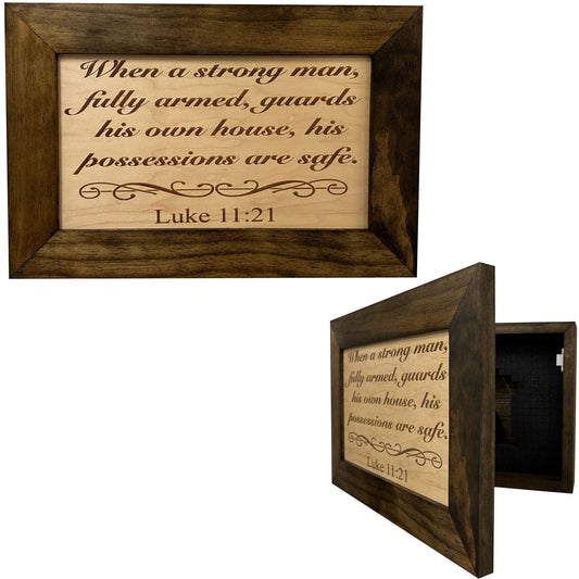 Bellewood Designs - Wood Gun Cabinet Bible Verse Luke 11:21 Wall Decoration - Hidden Gun Safe To Securely Store Your Gun In Plain Sight by Bellewood Designs