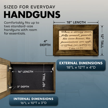 Bellewood Designs - Wood Gun Cabinet Bible Verse Luke 11:21 Wall Decoration - Hidden Gun Safe To Securely Store Your Gun In Plain Sight by Bellewood Designs