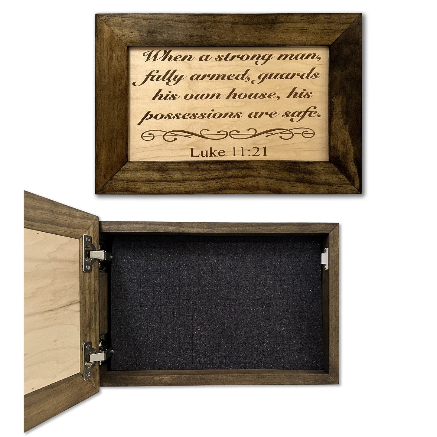 Bellewood Designs - Wood Gun Cabinet Bible Verse Luke 11:21 Wall Decoration - Hidden Gun Safe To Securely Store Your Gun In Plain Sight by Bellewood Designs