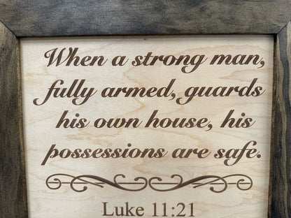 Bellewood Designs - Hidden Gun Safe Recessed In Wall With Luke 11:21 Bible Verse Decoration