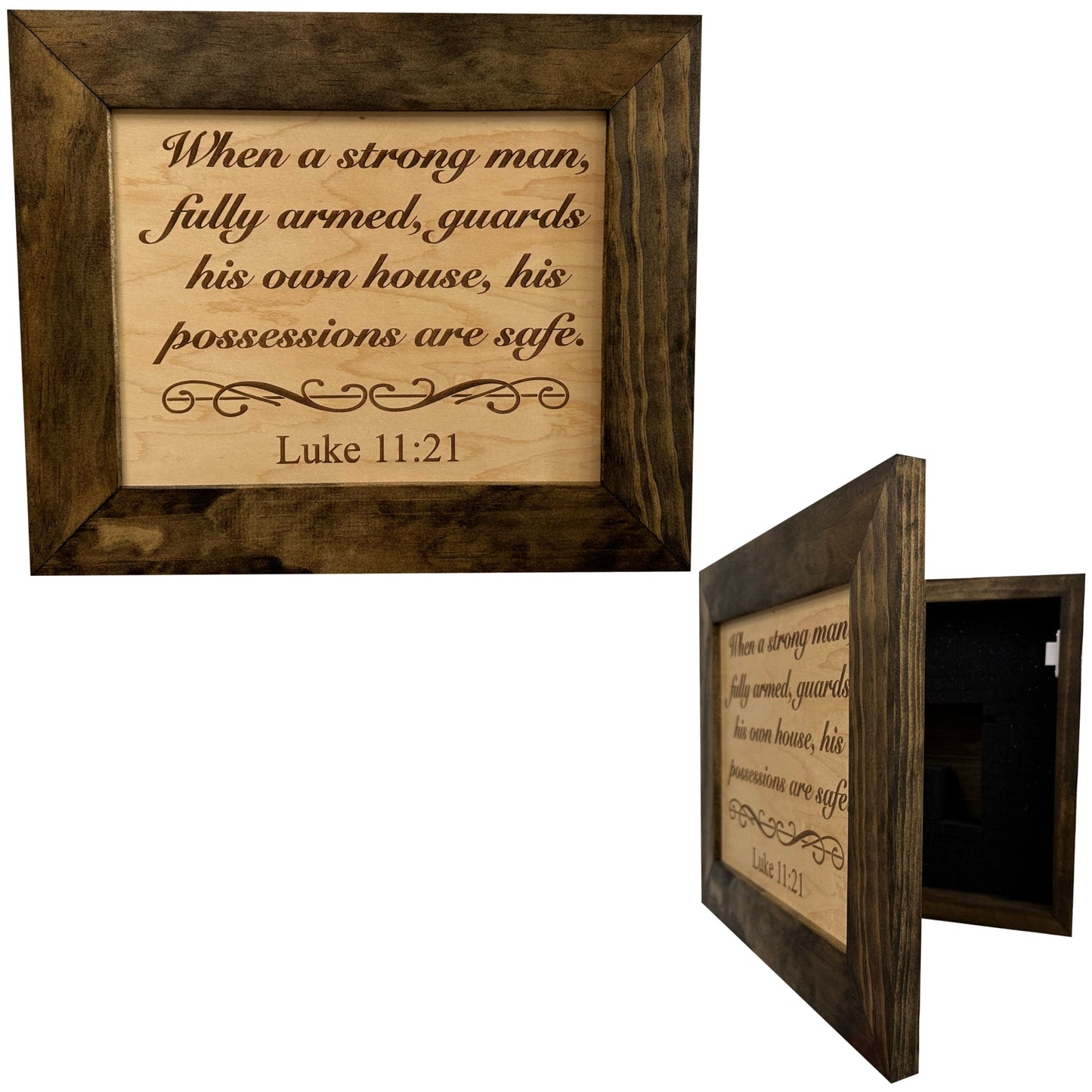 Bellewood Designs - Hidden Gun Safe Recessed In Wall With Luke 11:21 Bible Verse Decoration