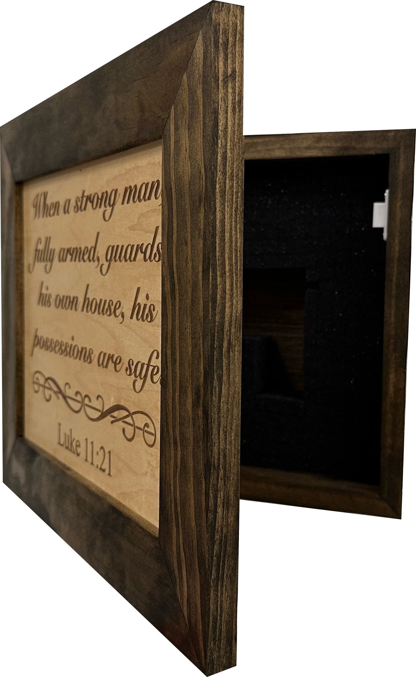 Bellewood Designs - Hidden Gun Safe Recessed In Wall With Luke 11:21 Bible Verse Decoration