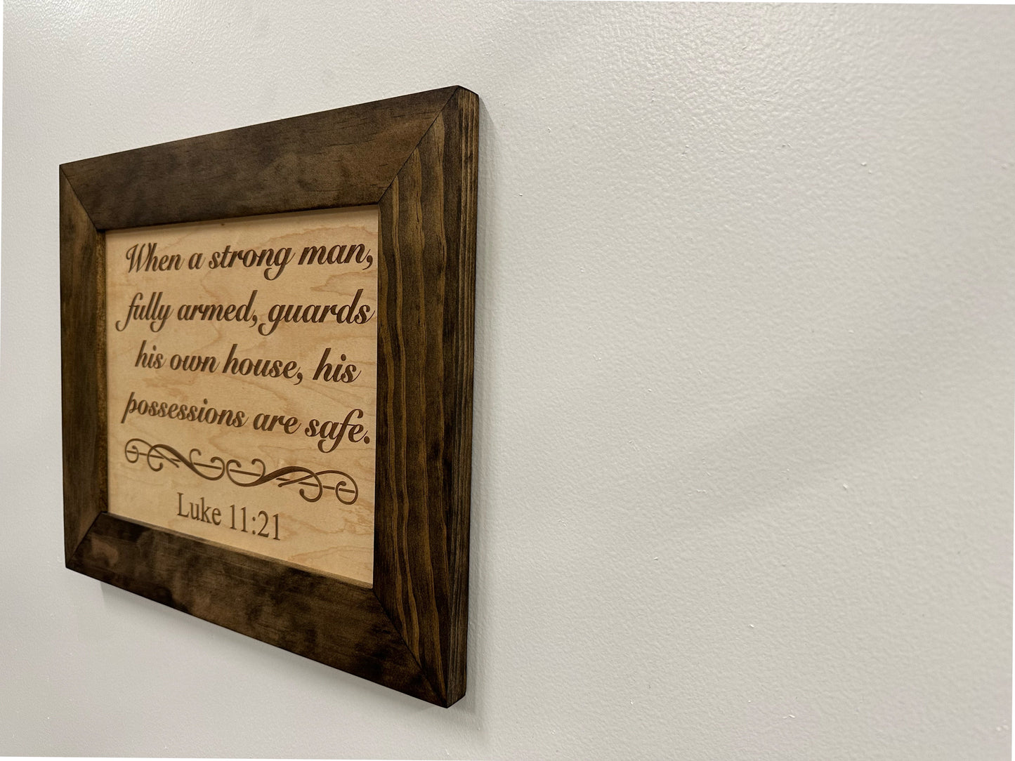 Bellewood Designs - Hidden Gun Safe Recessed In Wall With Luke 11:21 Bible Verse Decoration