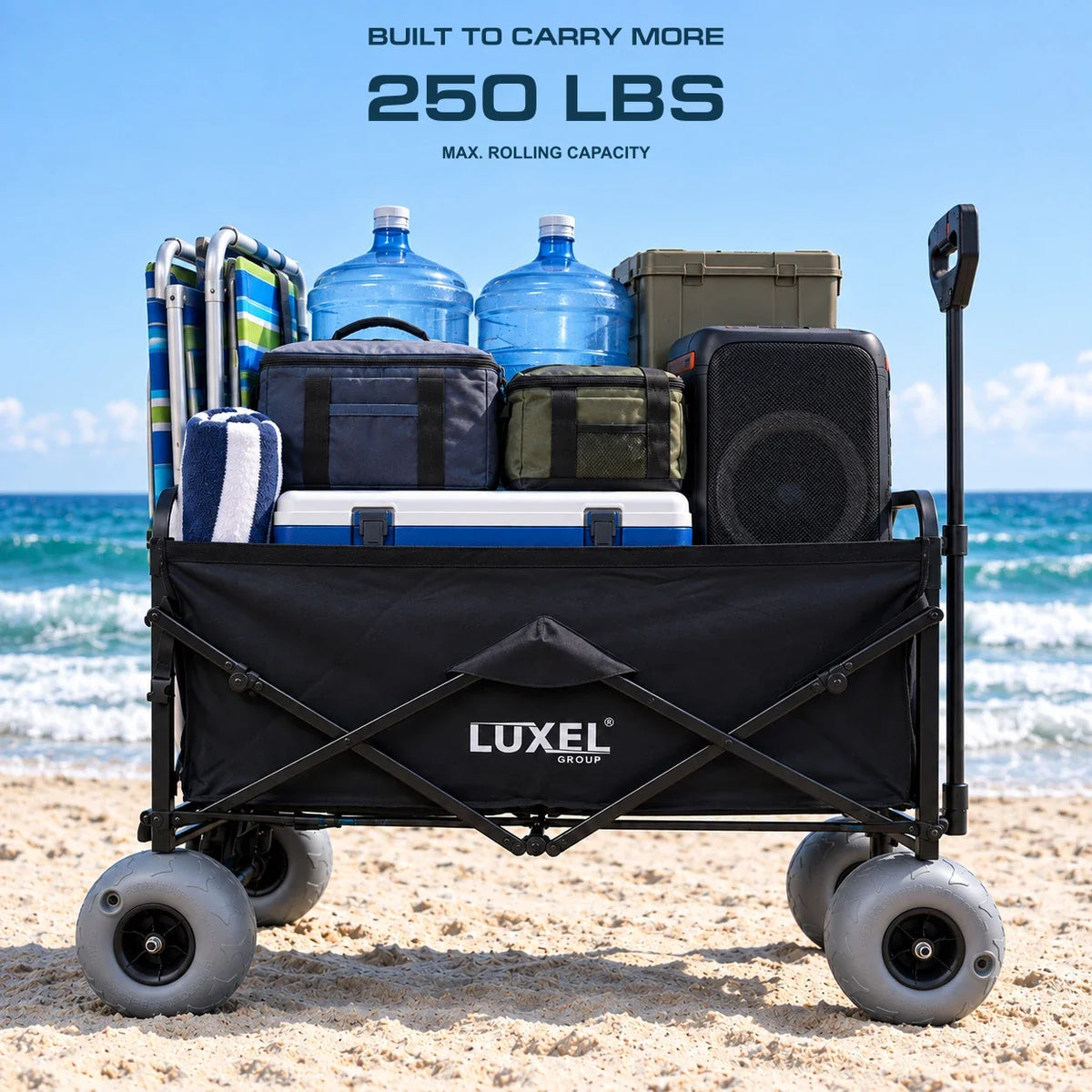 Luxel Carts Electric Beach Wagon 500W – Motorized Folding Cart with Balloon Wheels Black
