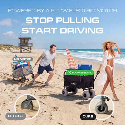 Luxel Carts Electric Beach Wagon 500W – Motorized Folding Cart with Balloon Wheels Black