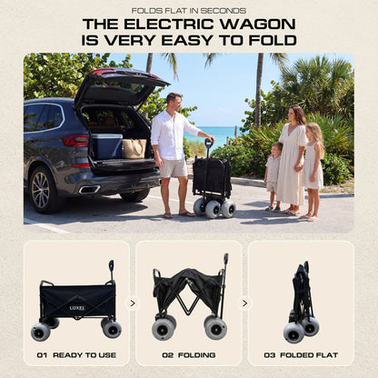 Luxel Carts Electric Beach Wagon 500W – Motorized Folding Cart with Balloon Wheels Black