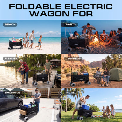 Luxel Carts Electric Beach Wagon 500W – Motorized Folding Cart with Balloon Wheels Black