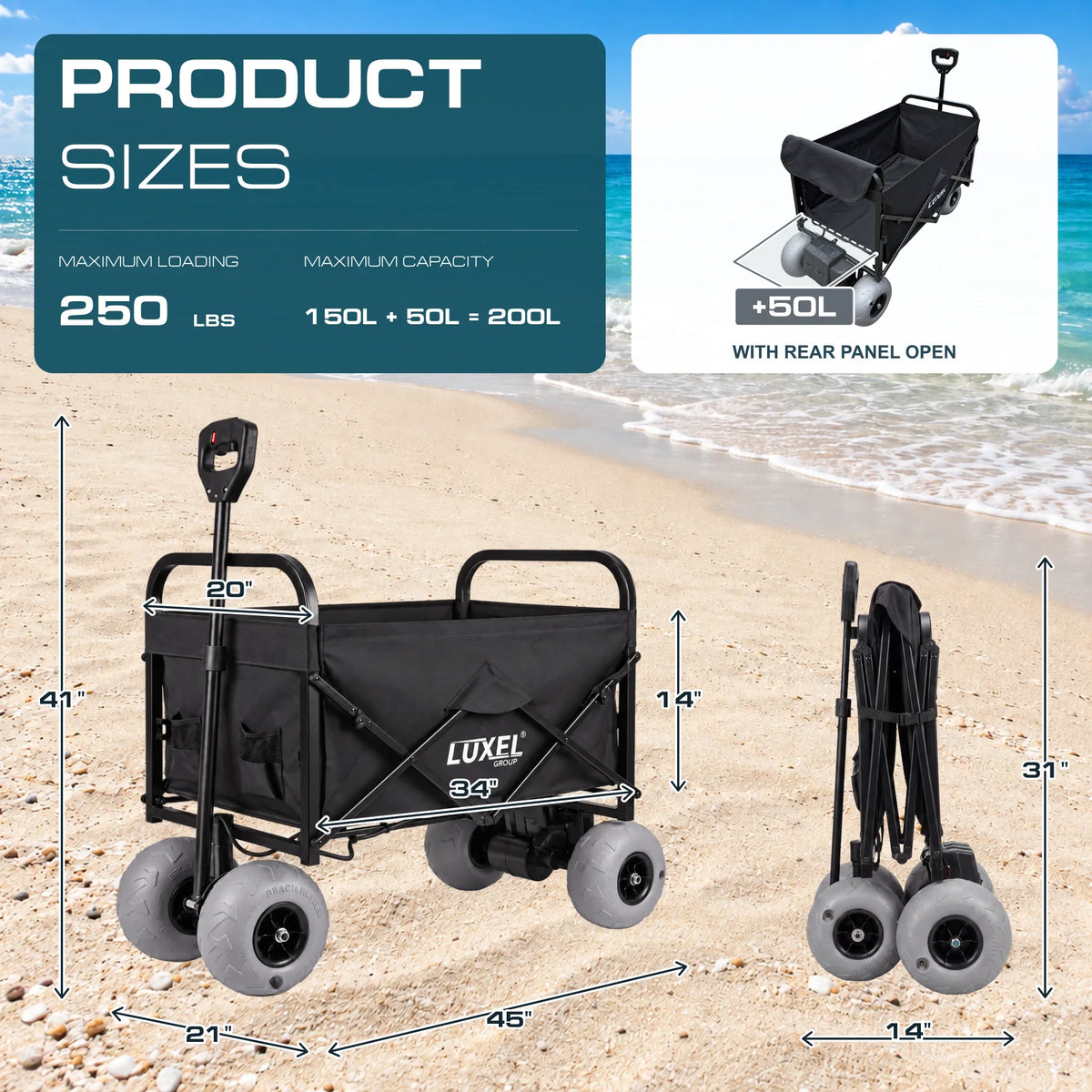 Luxel Carts Electric Beach Wagon 500W – Motorized Folding Cart with Balloon Wheels Black