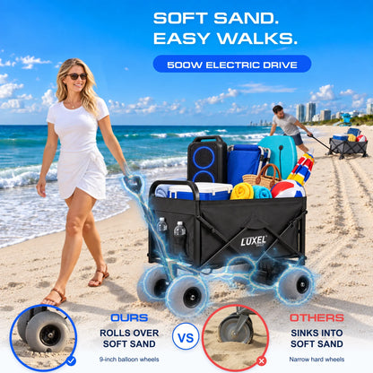 Luxel Carts Electric Beach Wagon 500W – Motorized Folding Cart with Balloon Wheels Black
