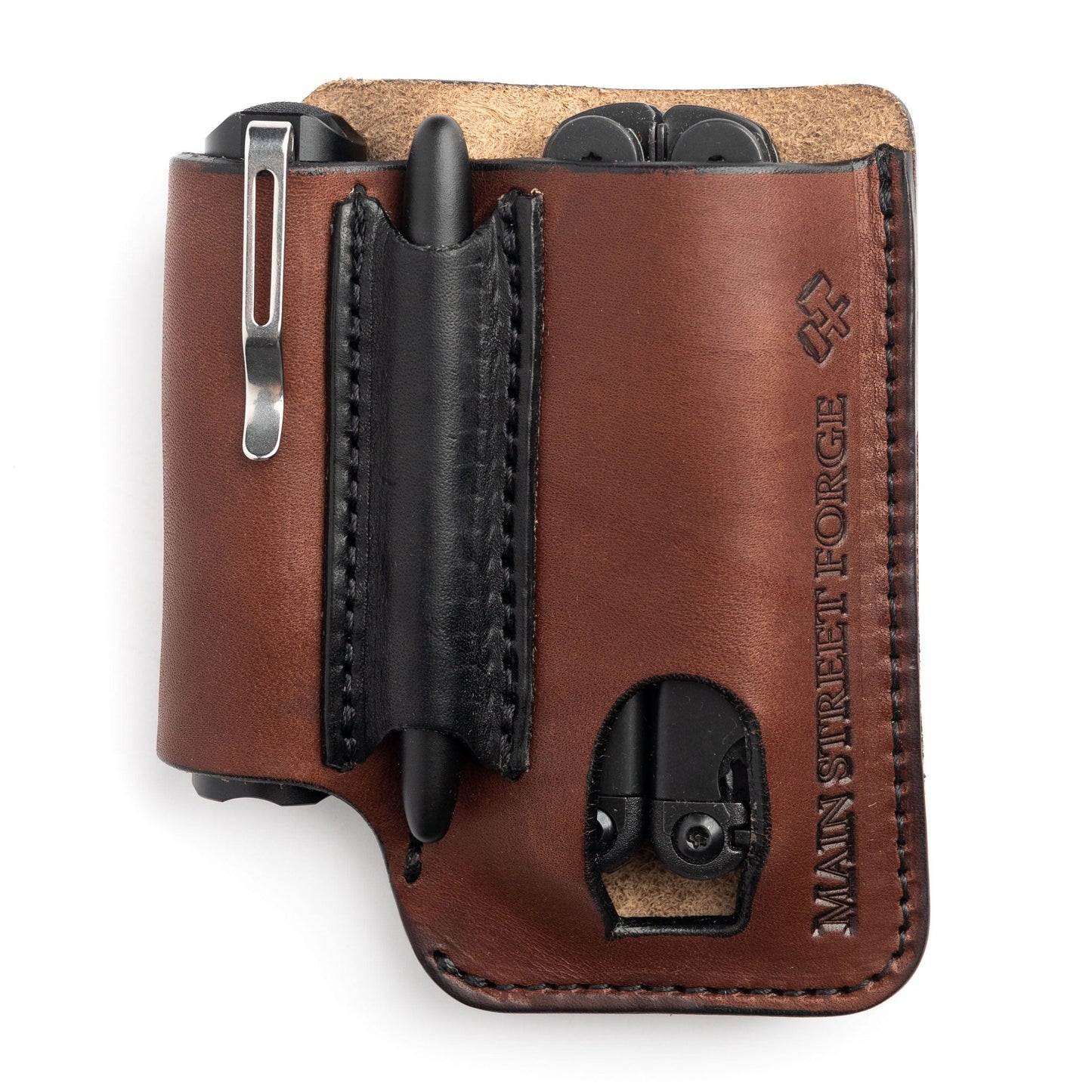 Main Street Forge - Leather EDC Pouch - Belt clip Multitool, Flashlight & Pen Sheath