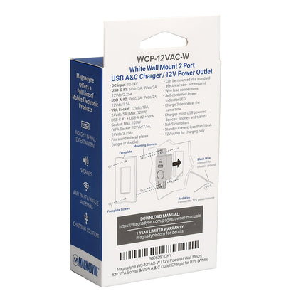 Magnadyne WCP-12VAC | Wall Mount Charger w/ 12V VPA Socket, USB A/C & Wall Plate