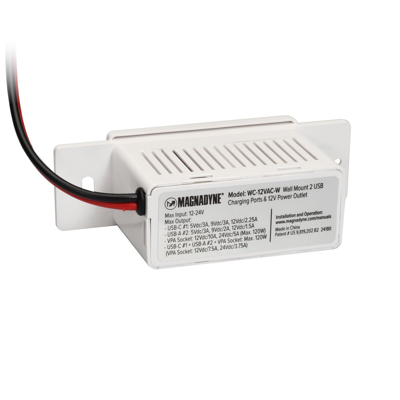 Magnadyne WCP-12VAC | Wall Mount Charger w/ 12V VPA Socket, USB A/C & Wall Plate