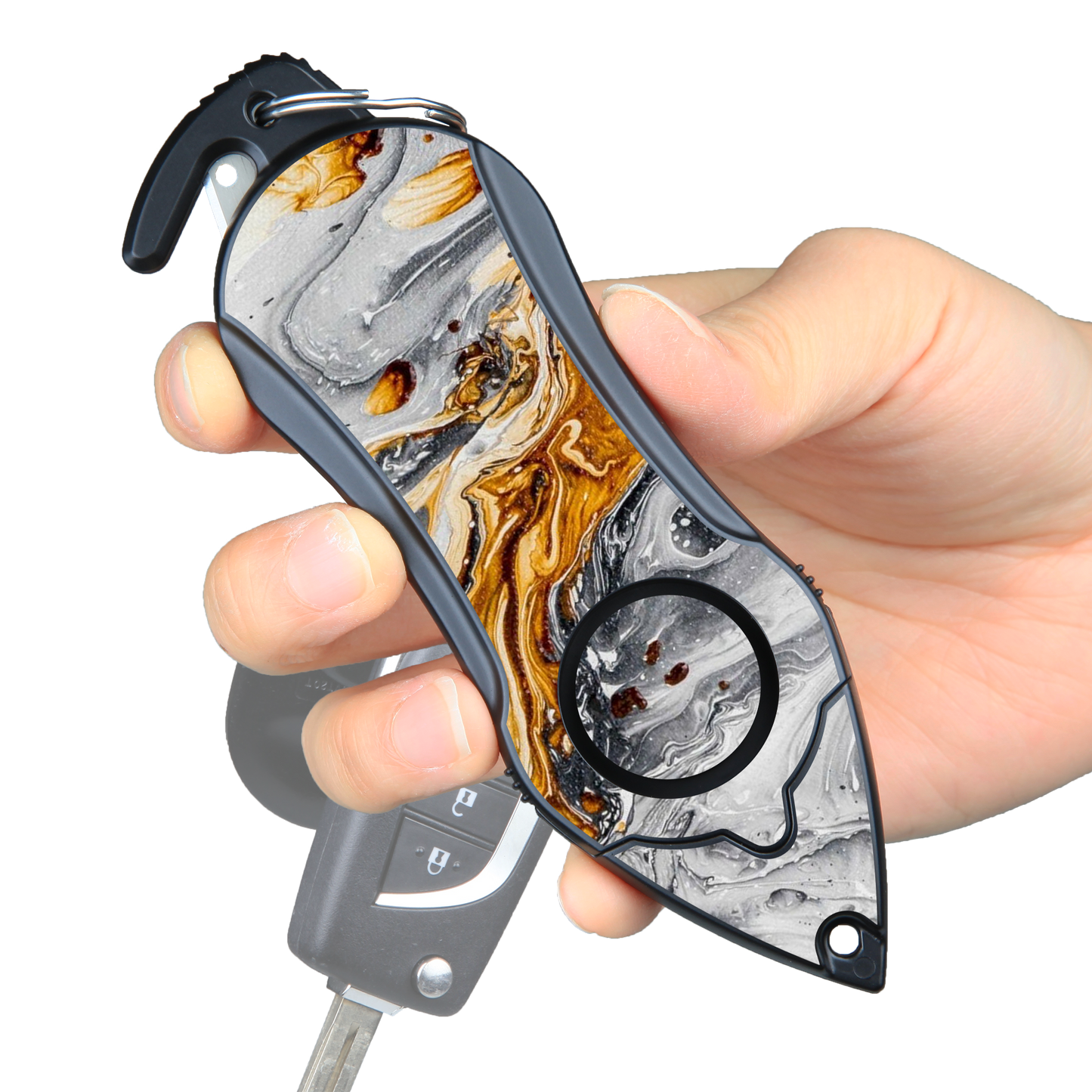 Stinger Survival Tools Personal Safety Alarm Keychain Emergency Tool: Siren Alarm, Seat Belt Cutter, Glass Breaker (Black Marble)