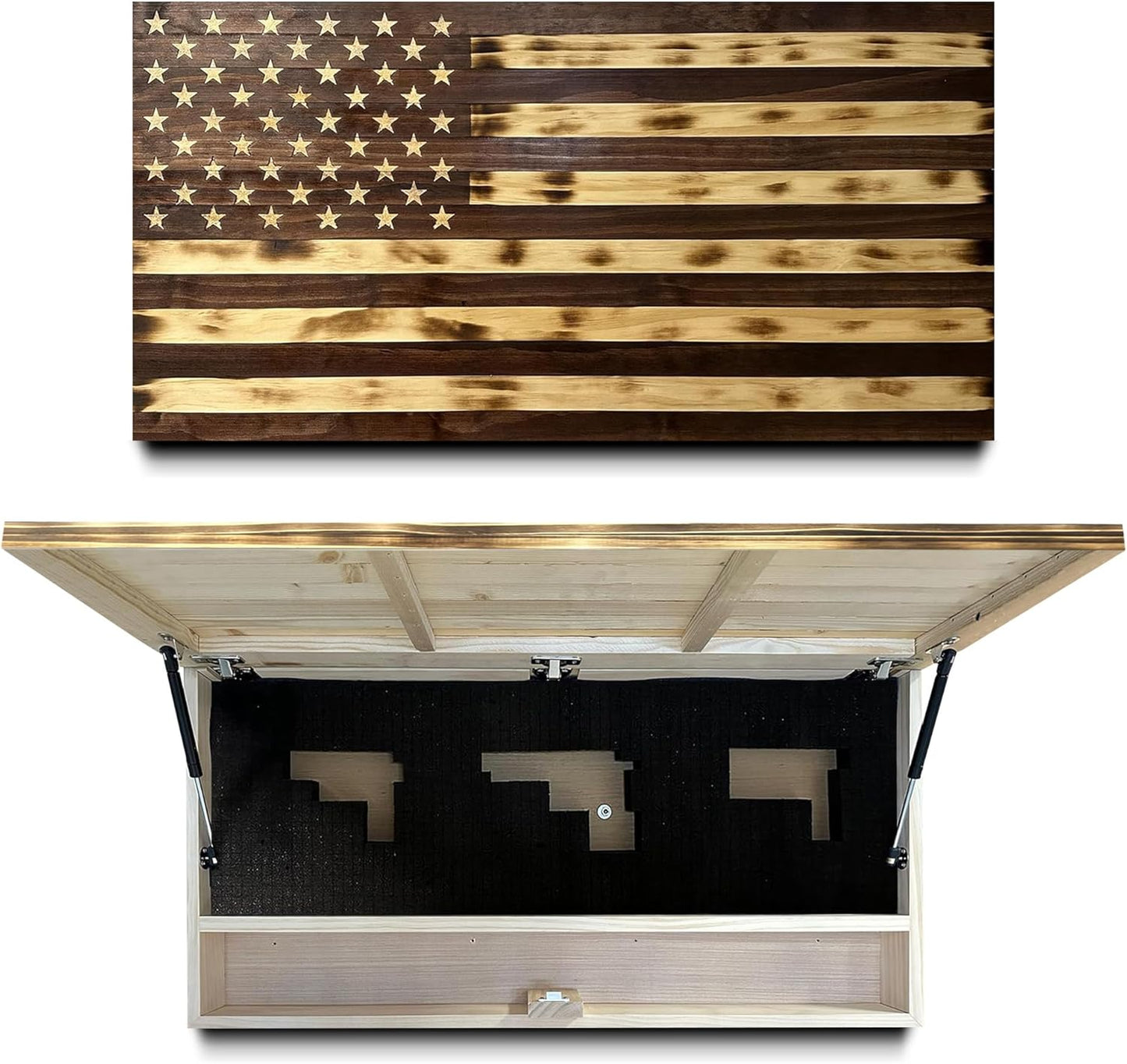 Rustic American Flag Hidden Gun Storage Cabinet Burnt Wood and Red Mahogany