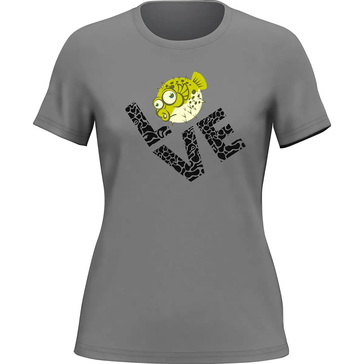 Outdoorzees Love Fishing Green Blowfish Globe T-Shirt for Women