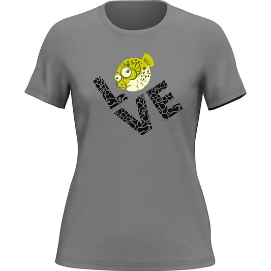 Outdoorzees Love Fishing Green Blowfish Globe T-Shirt for Women
