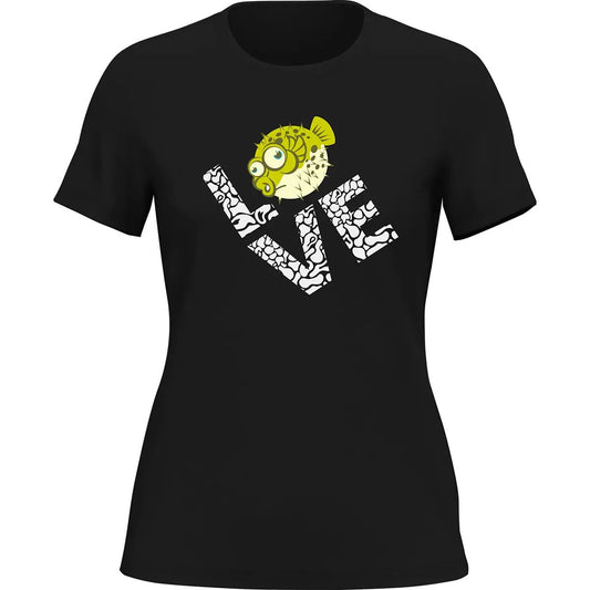 Outdoorzees Love Fishing Green Blowfish Globe T-Shirt for Women