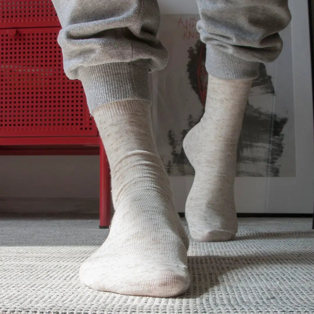 GoWith Men's Linen & Cotton Blend Thin Crew Dress Socks - Ecru