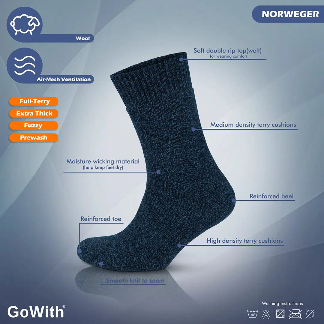 GoWith Men's Merino Wool Extra Thick Full Terry Fuzzy Crew Socks - Full Cushion