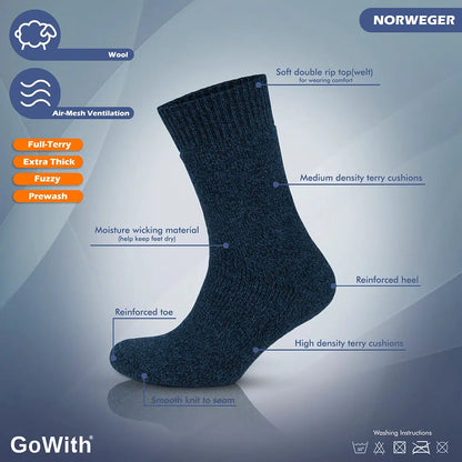GoWith Men's Merino Wool Extra Thick Full Terry Fuzzy Crew Socks - Full Cushion