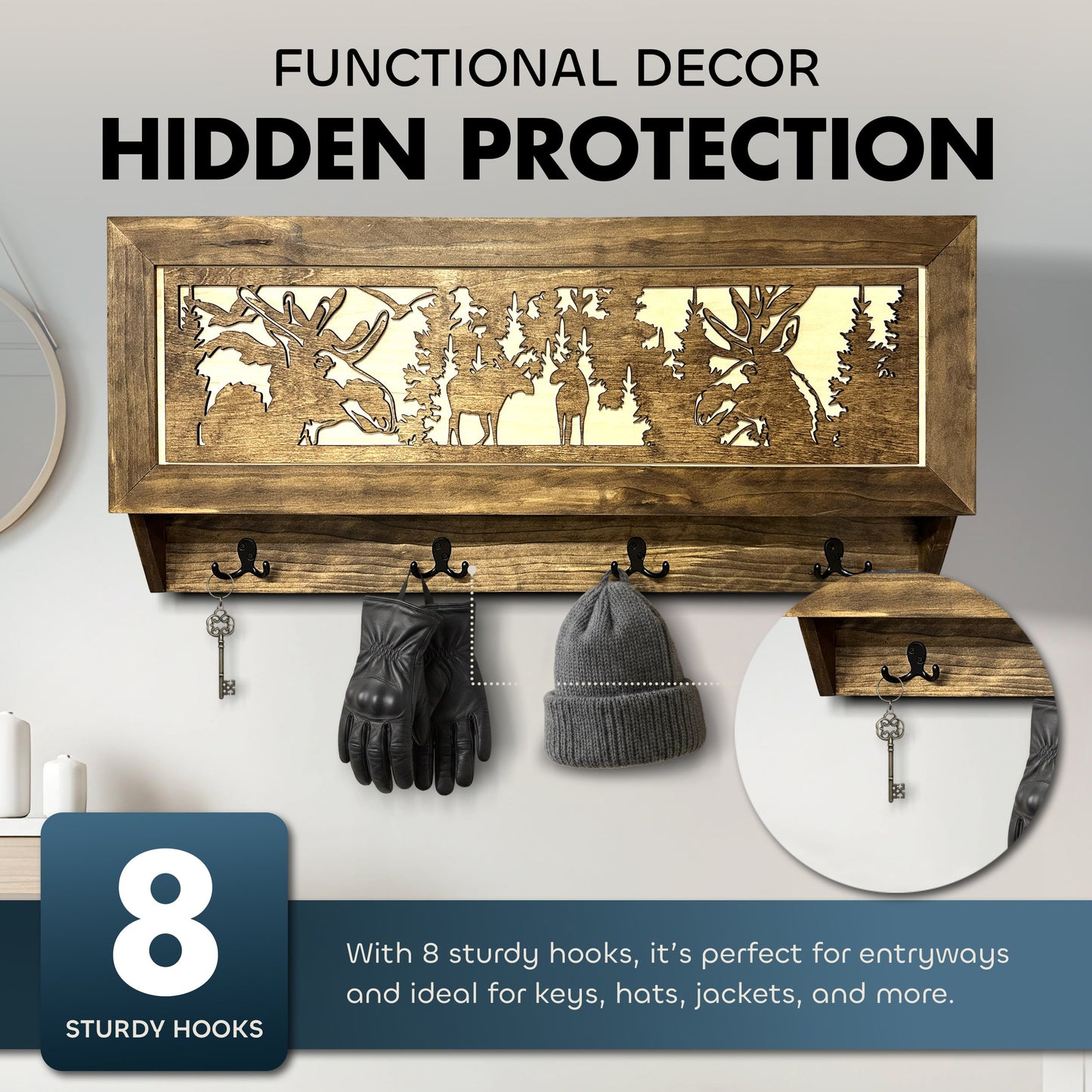 Bellewood Designs - Moose Hunting Hidden Gun Storage Coat Rack Concealment Shelf with Hooks for Coats, Bags, & Hats