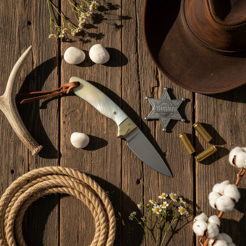 Frontier Cowboy Gear The White Ghost – Custom Handmade D2 Steel Buckaroo Knife with White Sheep Horn & Brass Bolster & Leather Sheath