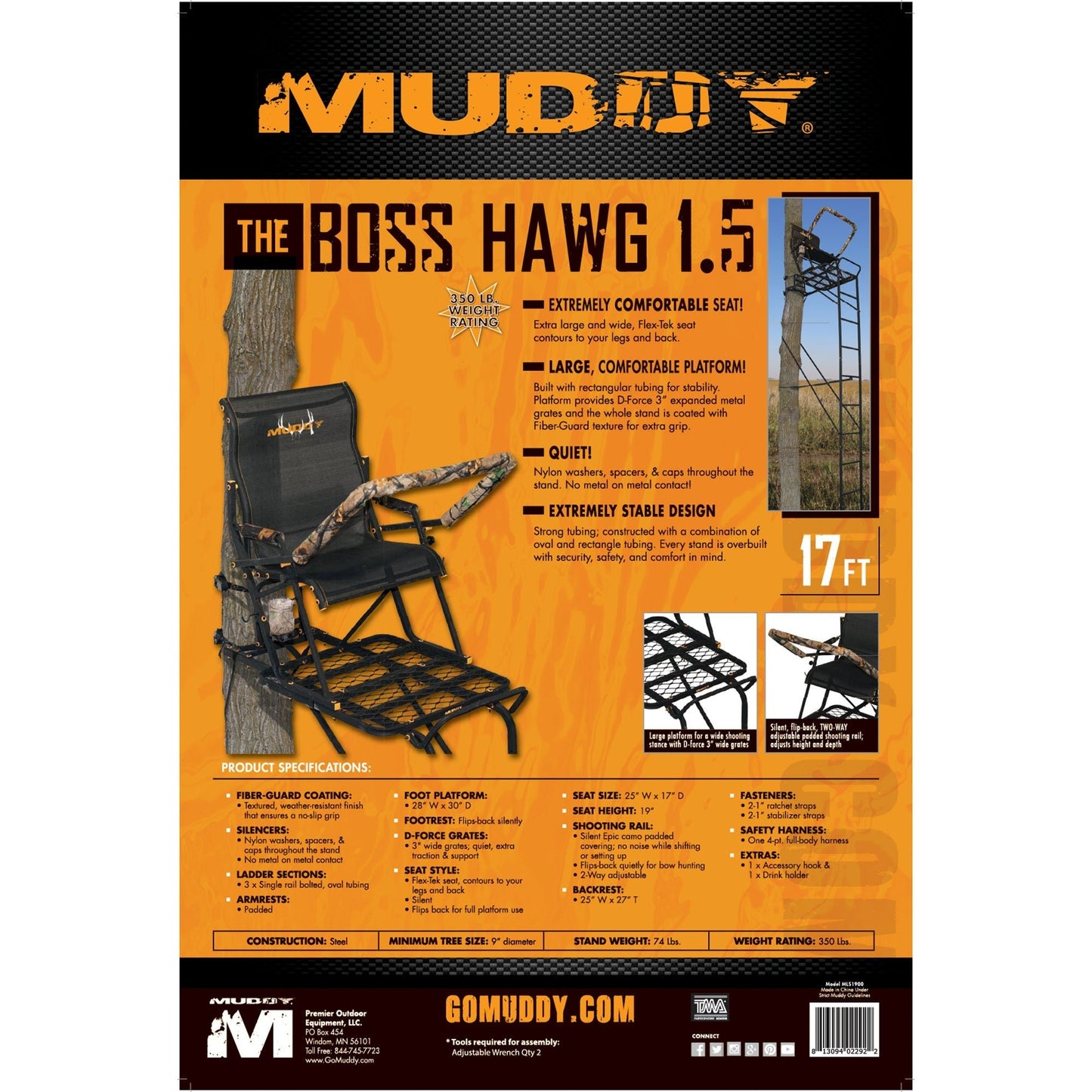 Muddy Boss Hawg 1.5 Deer Hunting 17 Foot Ladderstand Tree Stand w/Lumbar Seat - Angler's Pro Tackle & Outdoors