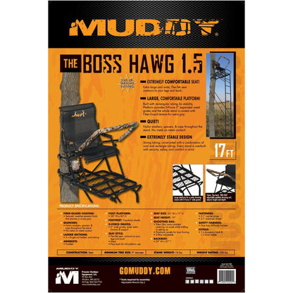 Muddy Boss Hawg 1.5 Deer Hunting 17 Foot Ladderstand Tree Stand w/Lumbar Seat - Angler's Pro Tackle & Outdoors