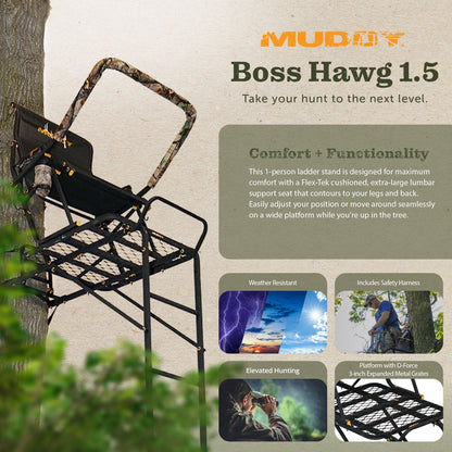 Muddy Boss Hawg 1.5 Deer Hunting 17 Foot Ladderstand Tree Stand w/Lumbar Seat - Angler's Pro Tackle & Outdoors