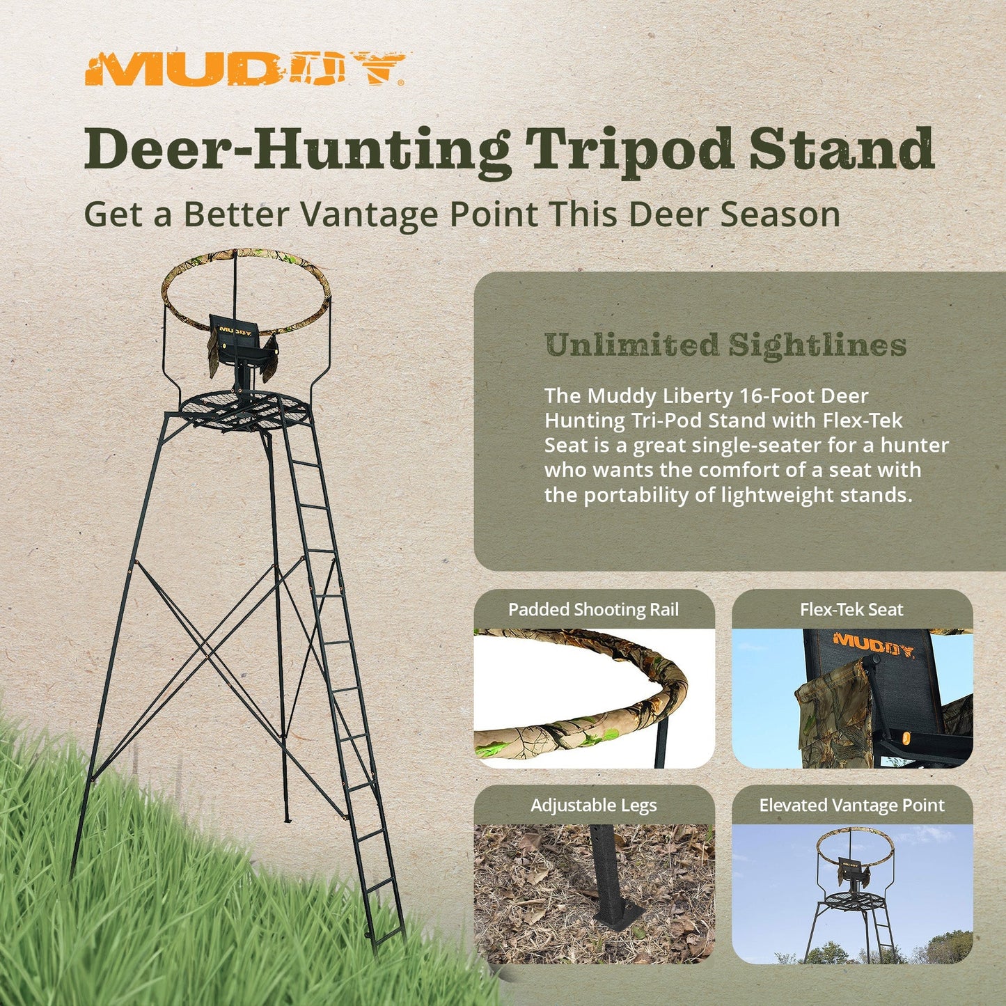 Muddy MTP3000 Liberty 16 Foot High Deer Hunting Tri - Pod Stand with Flex Tek Seat - Angler's Pro Tackle & Outdoors