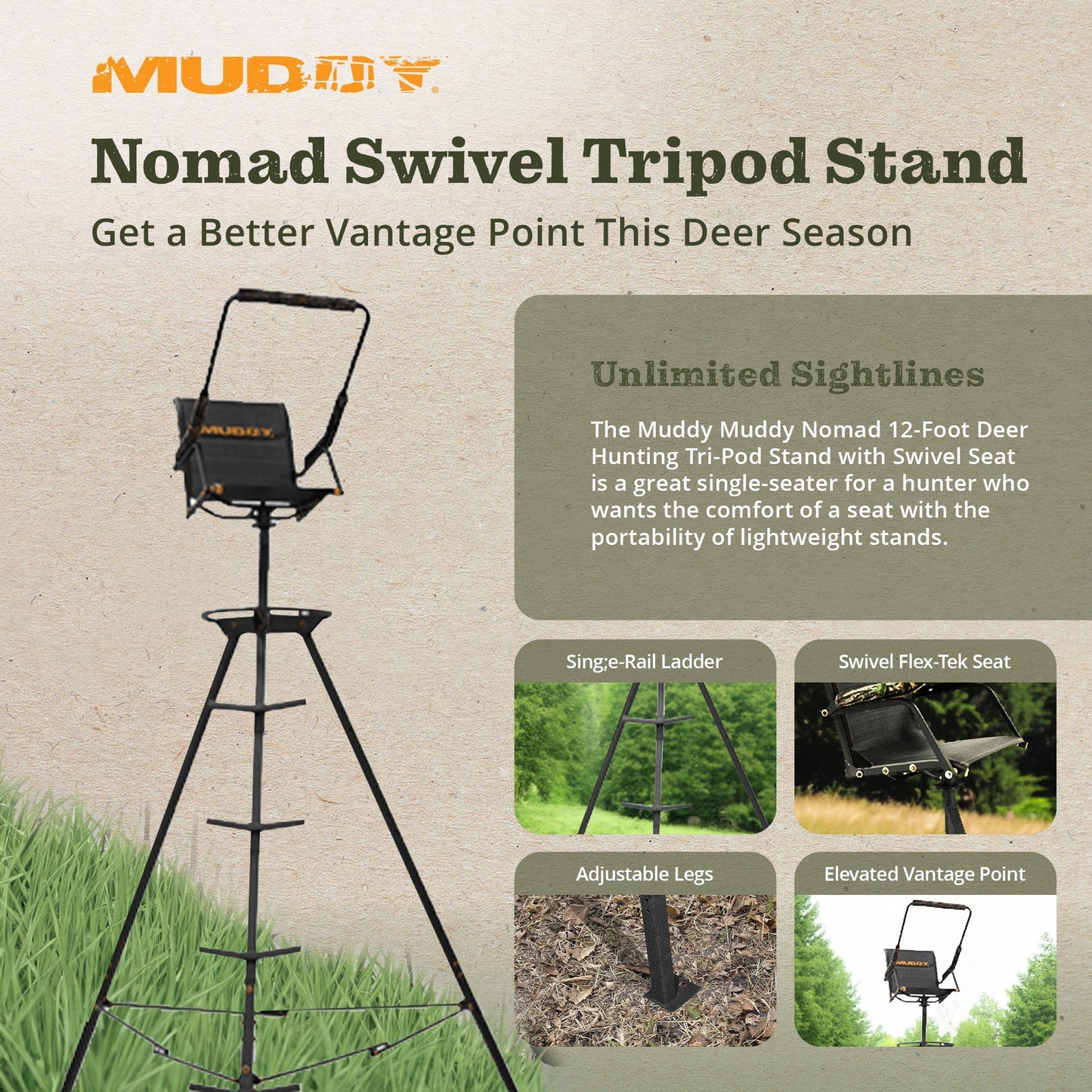 Muddy MUD - MTP8100 Nomad 12 Foot High Deer Hunting Tri - Pod Stand with Swivel Seat - Angler's Pro Tackle & Outdoors